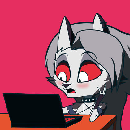 An image depicting a furry wolf named Loona from Helluva Boss franchise, eyes widen, and blushes can be seen on the cheek, indicating a surprised emotion.