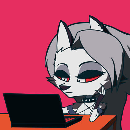 An image depicting a furry wolf named Loona from Helluva Boss franchise, currently scrolling through a black laptop. Eyes squinting and eyebrows on relaxed state, indicating bored emotion.